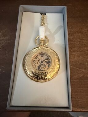 Majesti Gold Tone Skeleton Mechanical Pocket Watch w/ Chain Box & Papers
